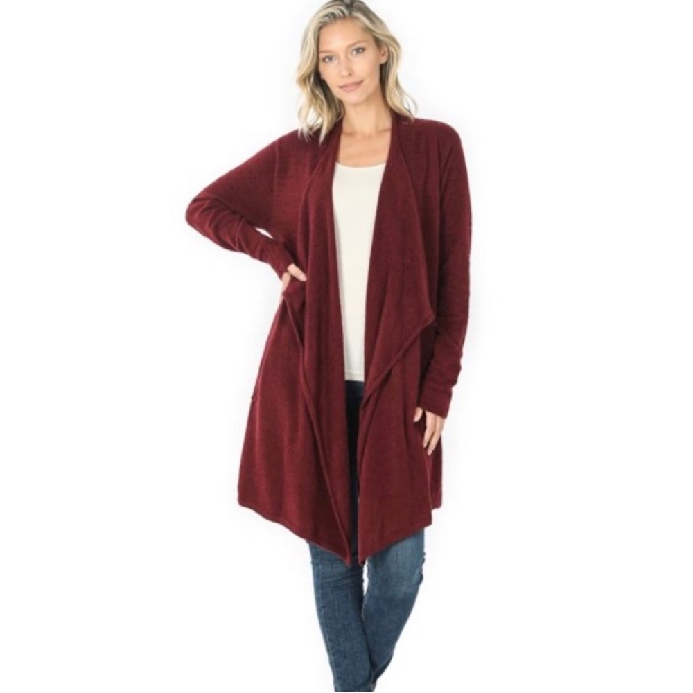 Zenana Long Line Open Front Velour Cardigan Burgundy Size Large